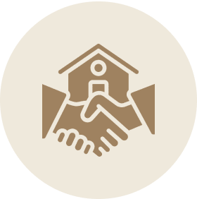 Handshake with house icon in circle.