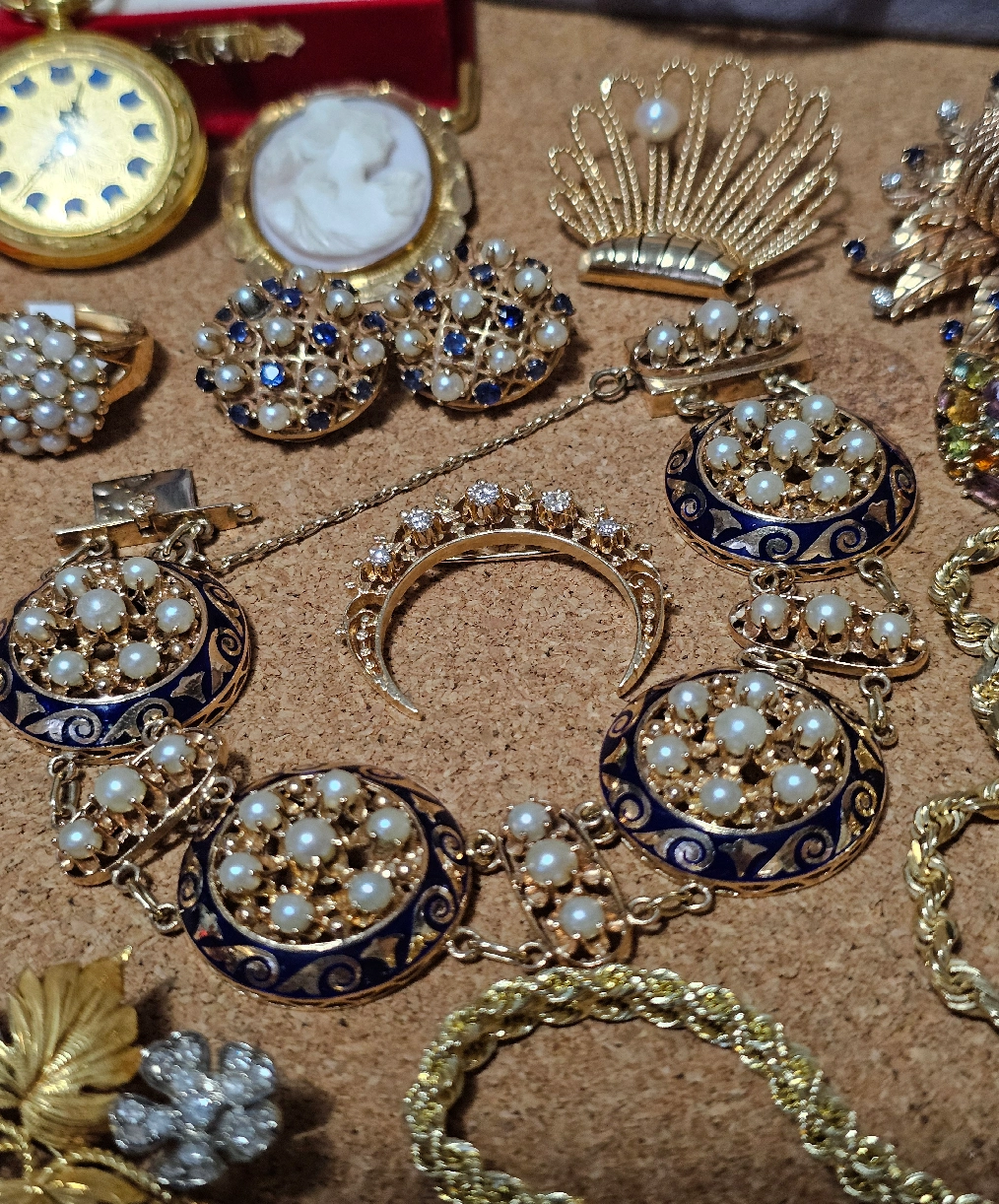 Vintage gold and enamel pearl jewelry collection
